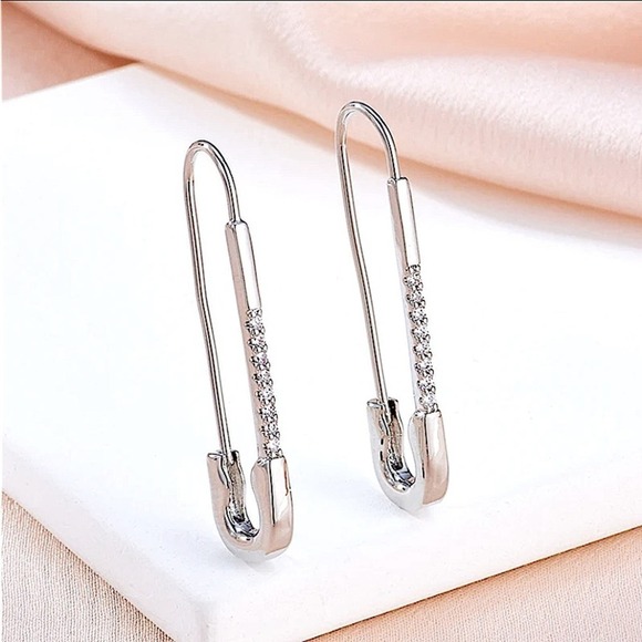 Silver Zircon Safety Pin Earrings, Minimalist, Punk, Gift For Teenager - Picture 5 of 9